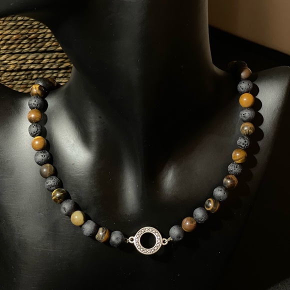 Unisex Necklace -Natural Stones -Tiger eye&Black Lava -Hand Made Agate store - Picture 3 of 3